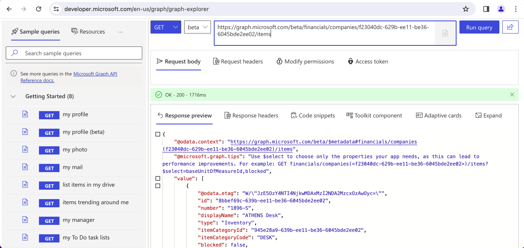 I updated the request URL to https://graph.../items