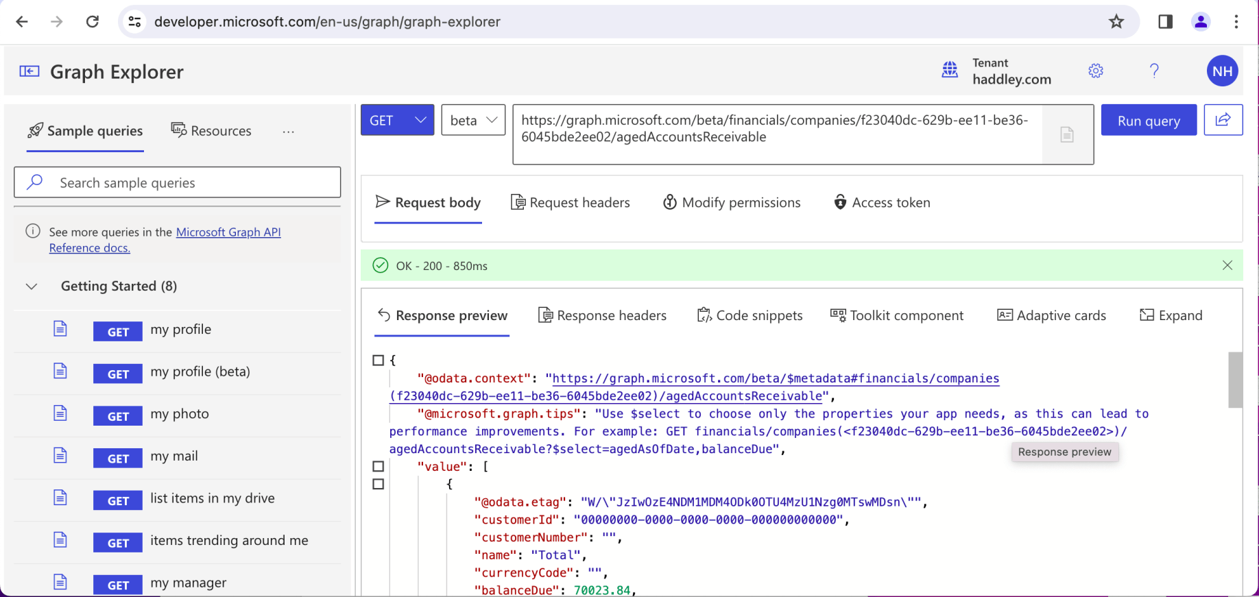 I updated the request URL to https://graph.../agedAccountsReceivable to return accounts receivable details