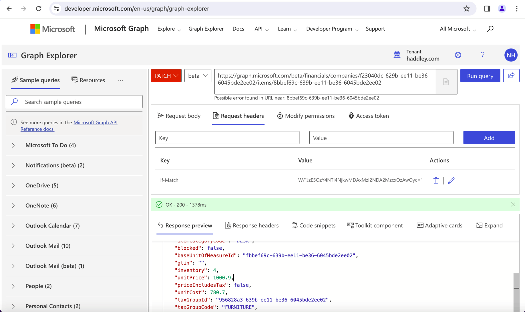 I created a Request body, updated the http verb to PATCH and added an If-Match header to the Request headers. The If-Match header was used to pass the latest eTag value. Notice that the Response returned confirms that the unit price has been updated to $1,000.90