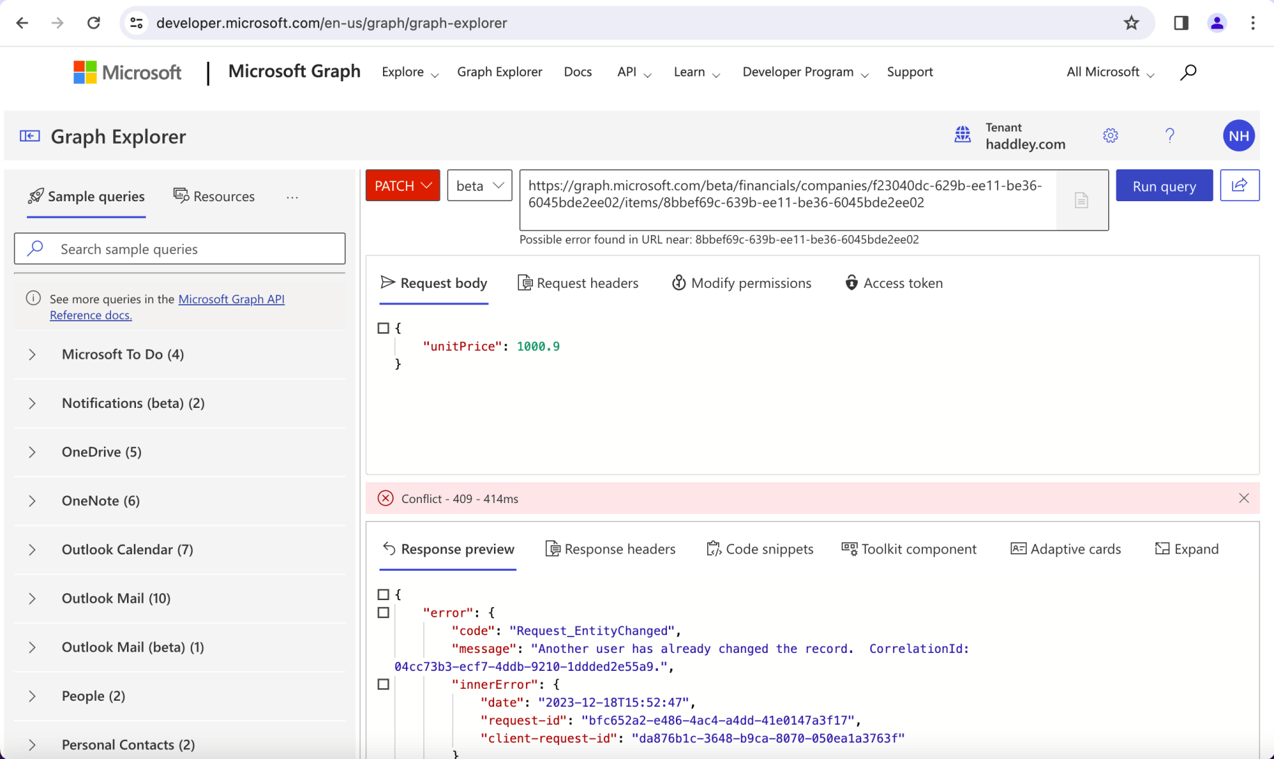 Executing the same PATCH request with the old eTag value results in an error.