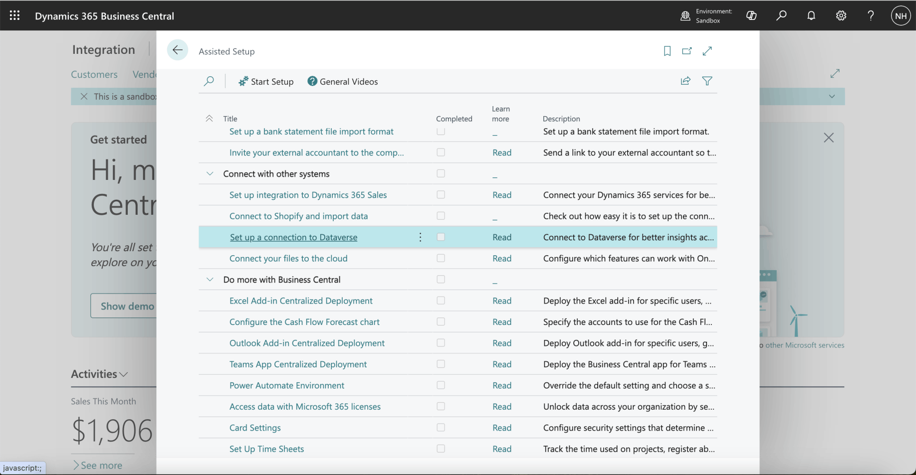 I navigated to the Integration Company and clicked the Set up a connection to Dataverse link