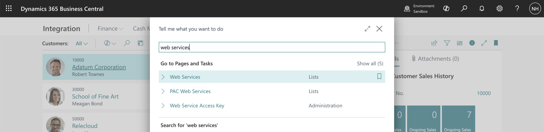 I navigated to the web services page in Business Central