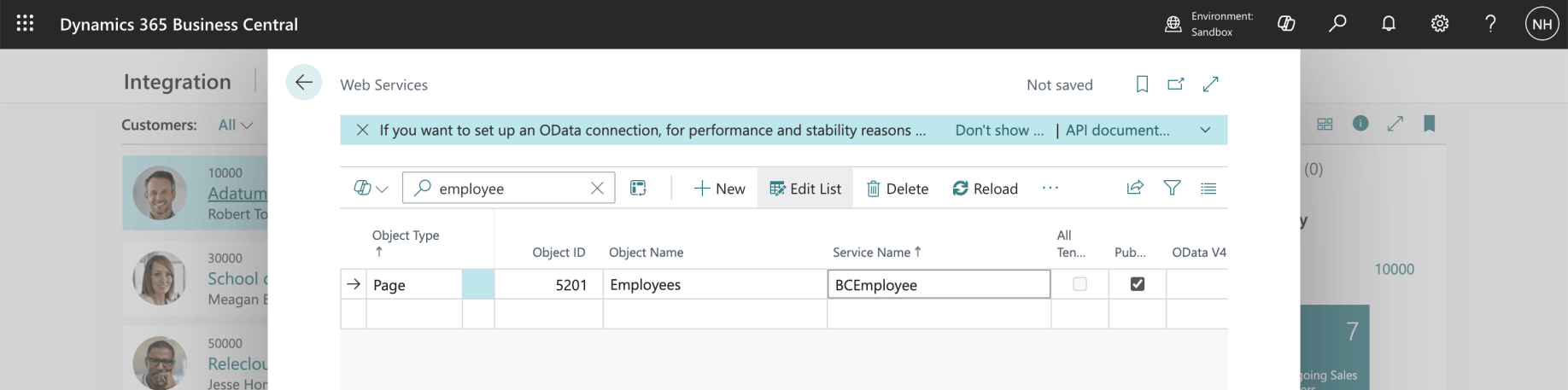 I clicked the + New button and provided web service details