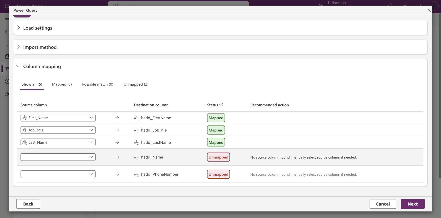 Three of the field mappings were created automatically