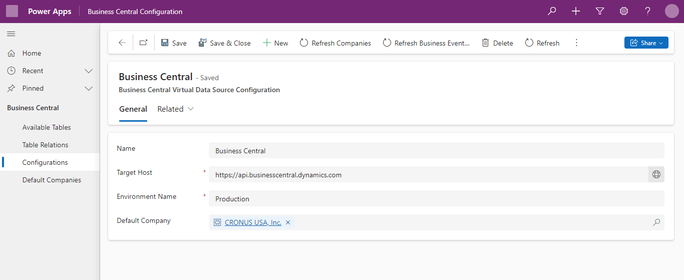 Initially the Develop Power Platform Environment was configured to access the Production Business Central Environment