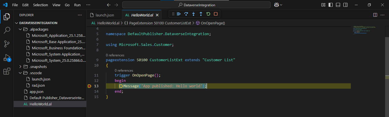 The AL code paused when the line 13 breakpoint was hit
