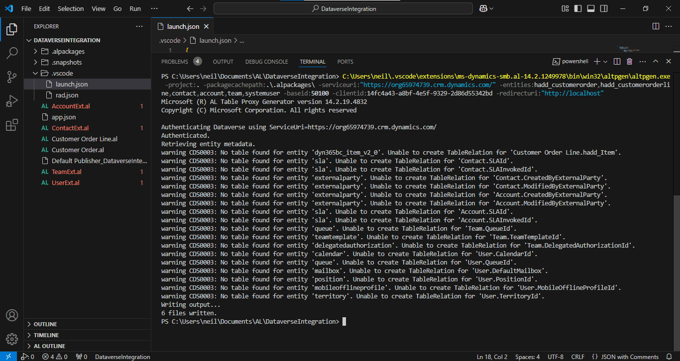 I ran the The AL Table Proxy Generator tool (altpgen.exe) to generate 6 files. AccountExt.al, ContactExt.al, Customer Order Line.al, Customer Order.al, TeamExt.al and UserExt.alI updated the object number in the generated AccountExt.al, Customer Order.al, TeamExt.al and UserExt.al files