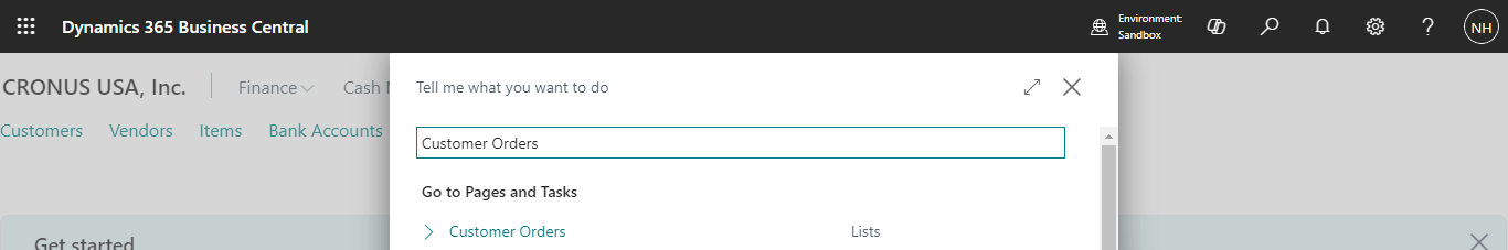 I clicked the magnifying glass menu item and entered Customer Orders
