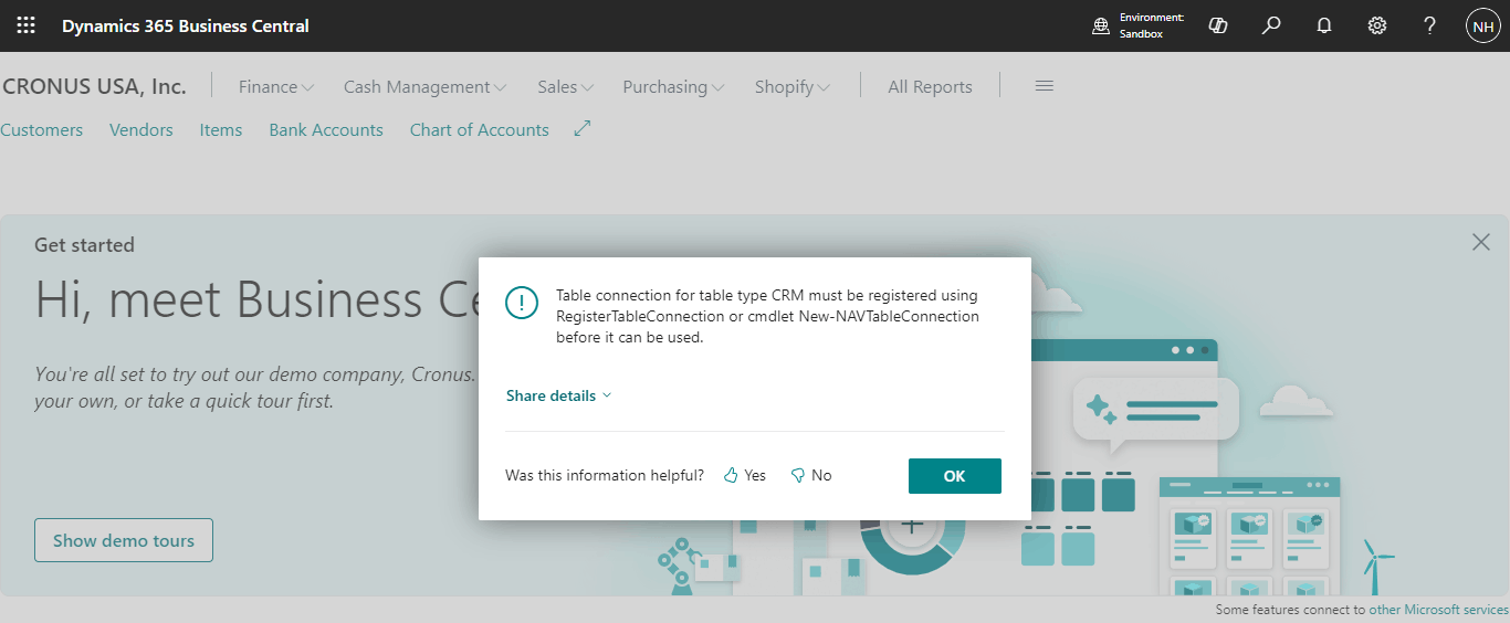 An error was generatedTable connection for table type CRM must be registered using RegisterTableConnection or cmdlet New-NAVTableConnection before it can be used.