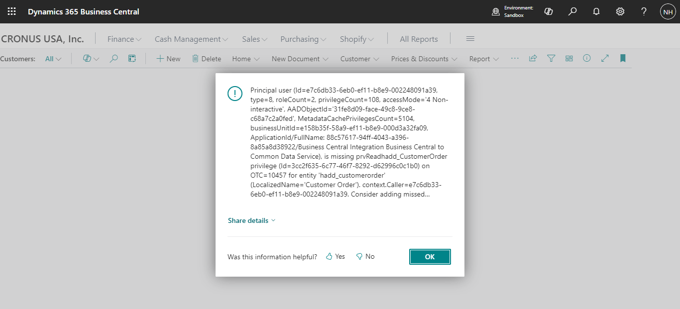I received an error message. Business Central was unable to access the Dataverse Customer Orders table