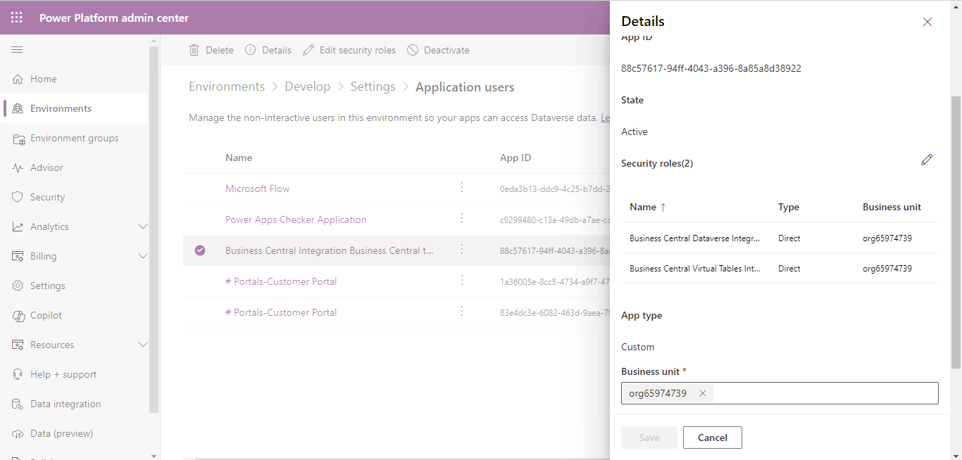 I reviewed the roles that the Business Central Integration Business Central t... application user had been assigned to