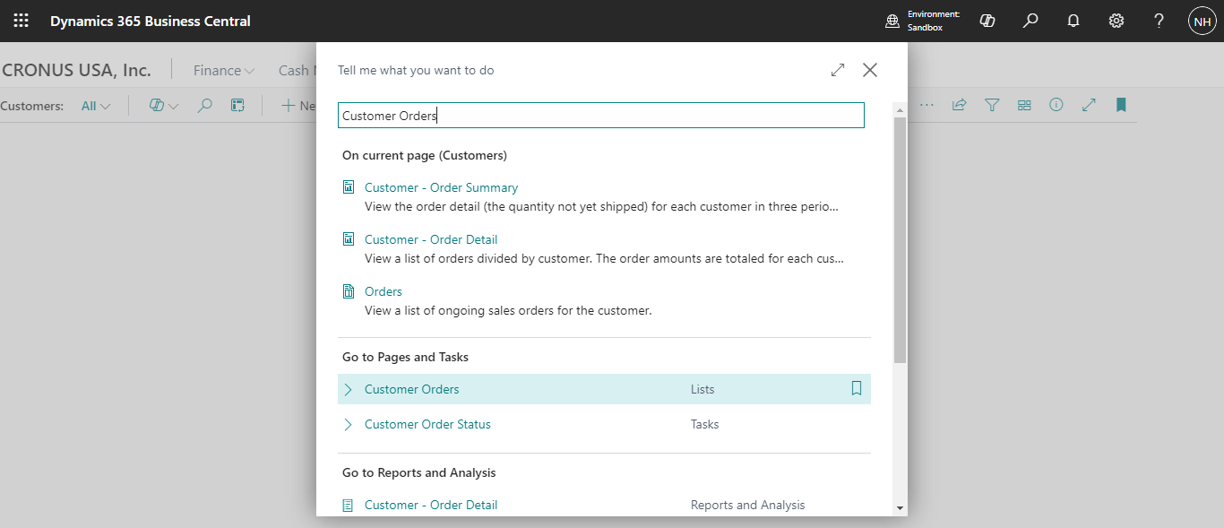 I selected the Customer Orders page