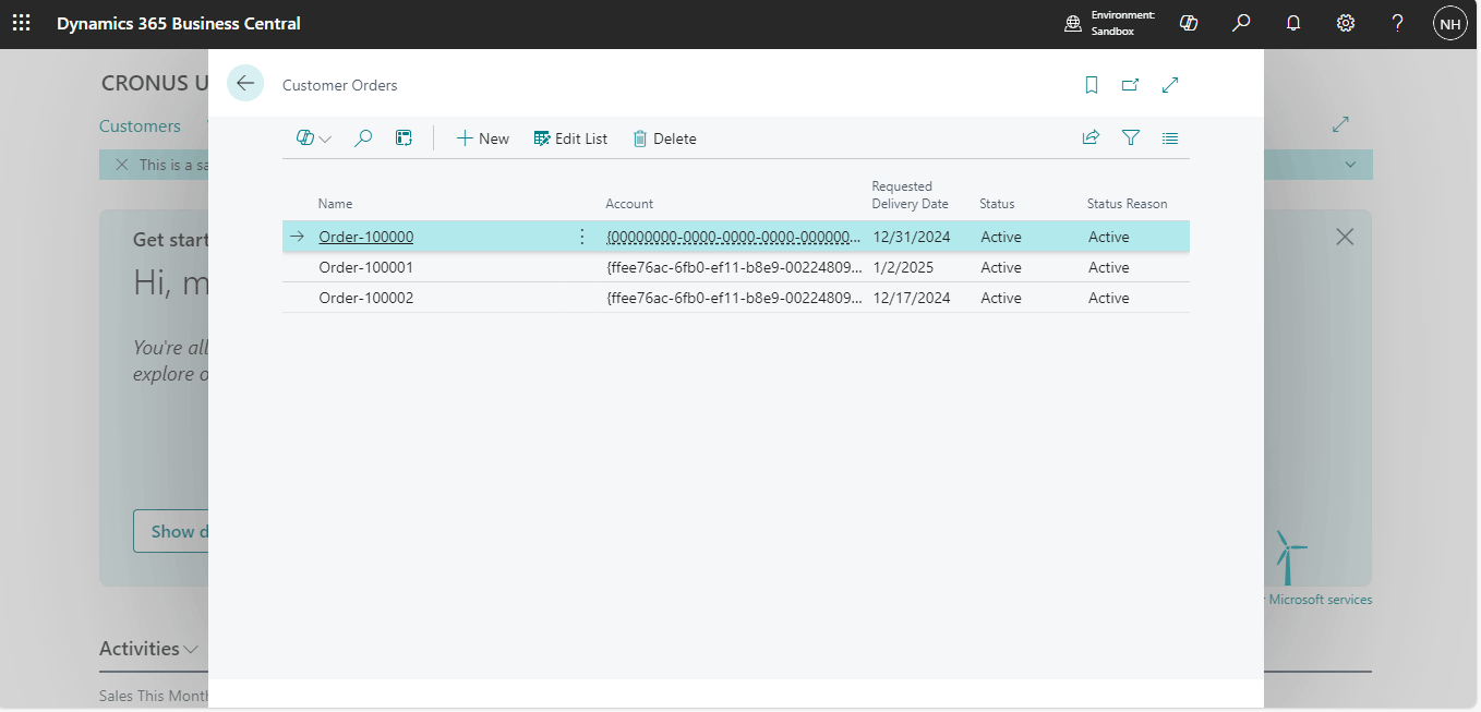 The Dataverse Customer Orders were displayed