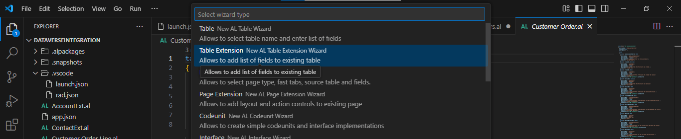 I selected the Table Extension option
