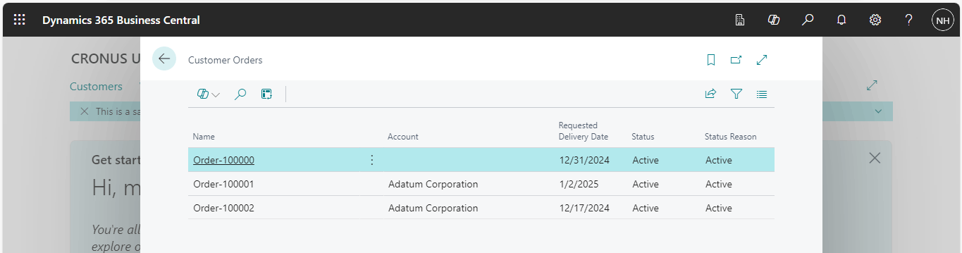 The Account column displayed the Account name
