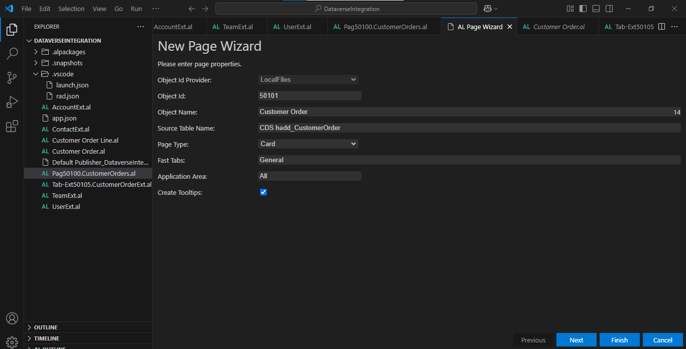 I ran the New AL File Wizard to create a Card page