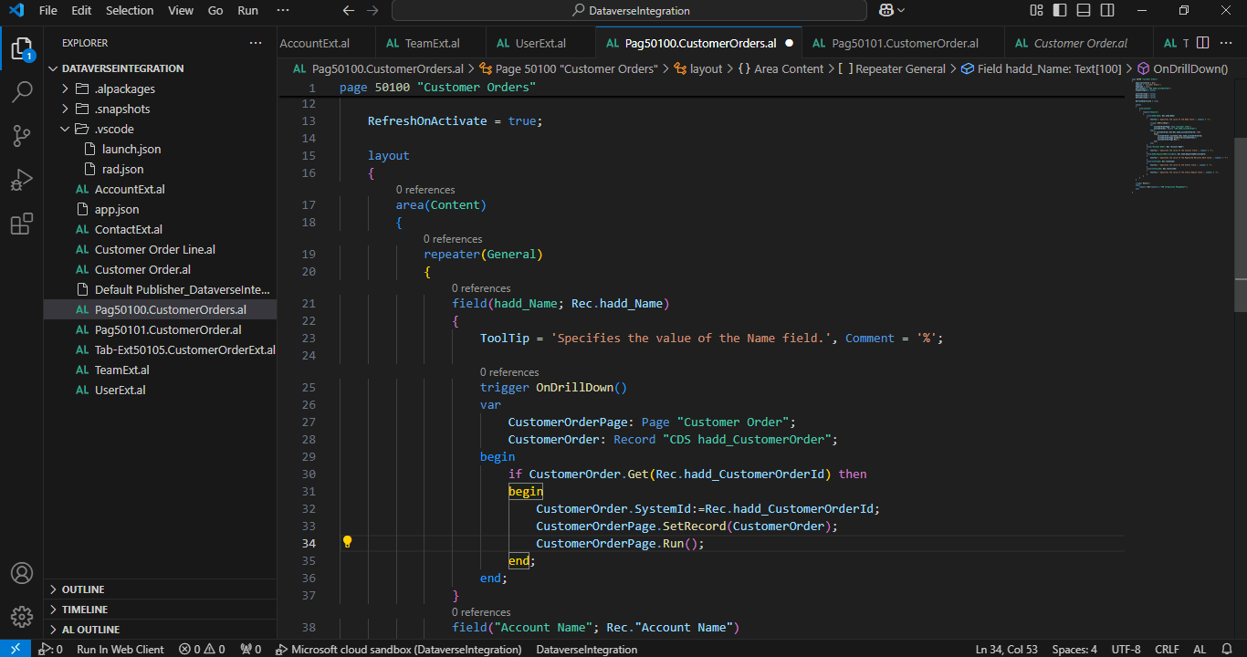 I added an OnDrillDown() trigger to the Customer Order's Name field