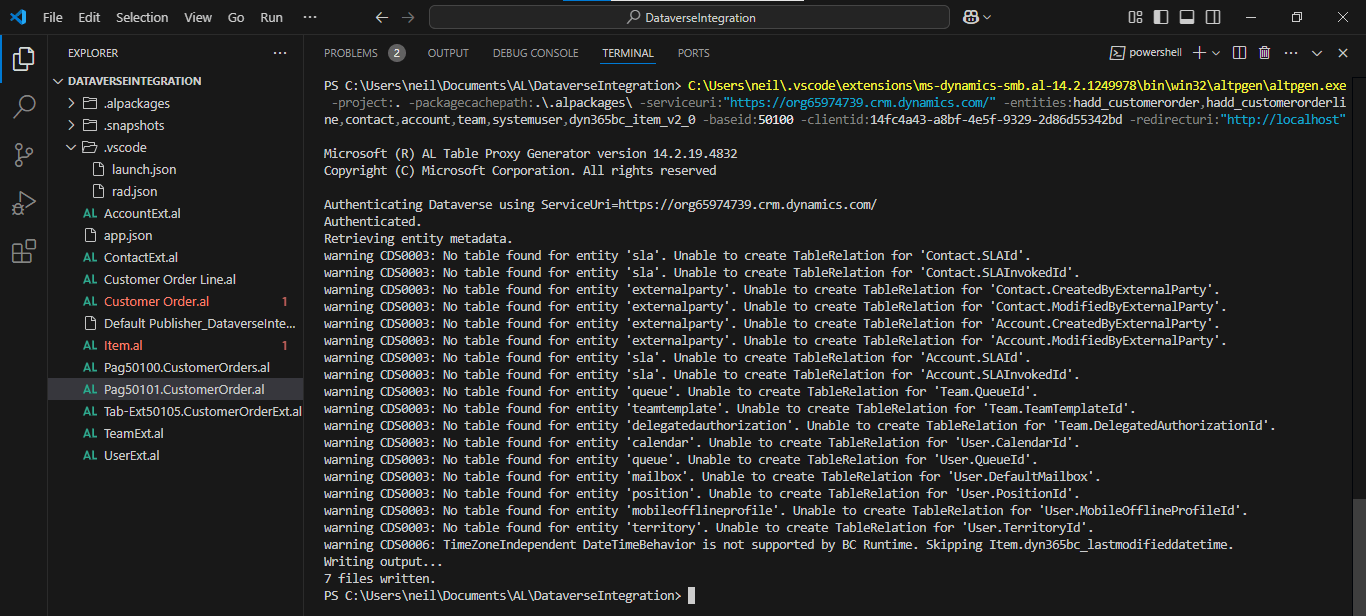 I added entity dyn365bc_Item_v2_0. I need to add this entity to ensure that the hadd_Item field is added to the generated Customer Order Lines Integration table.
