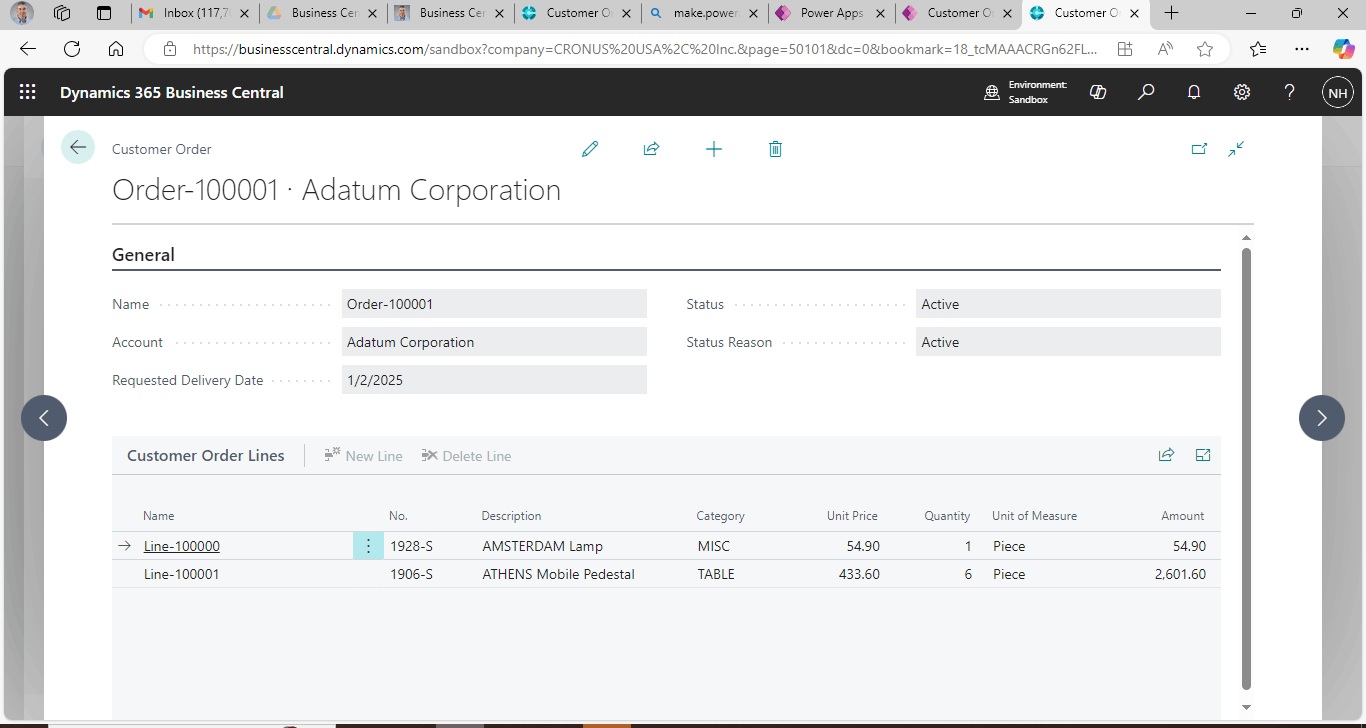 Item details and a calculated Amount value are displayed