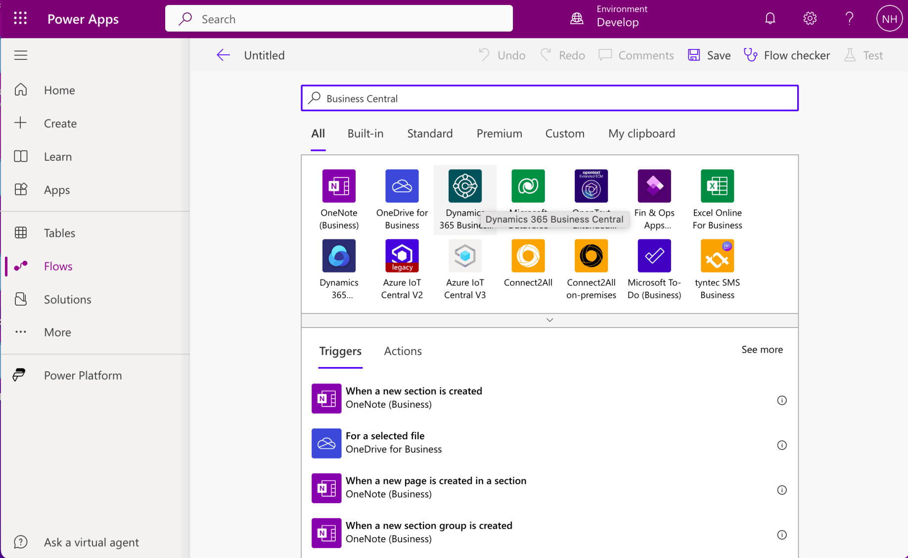 I entered "Business Central" into the search box and then clicked on the Dynamics 365 Business Central logo