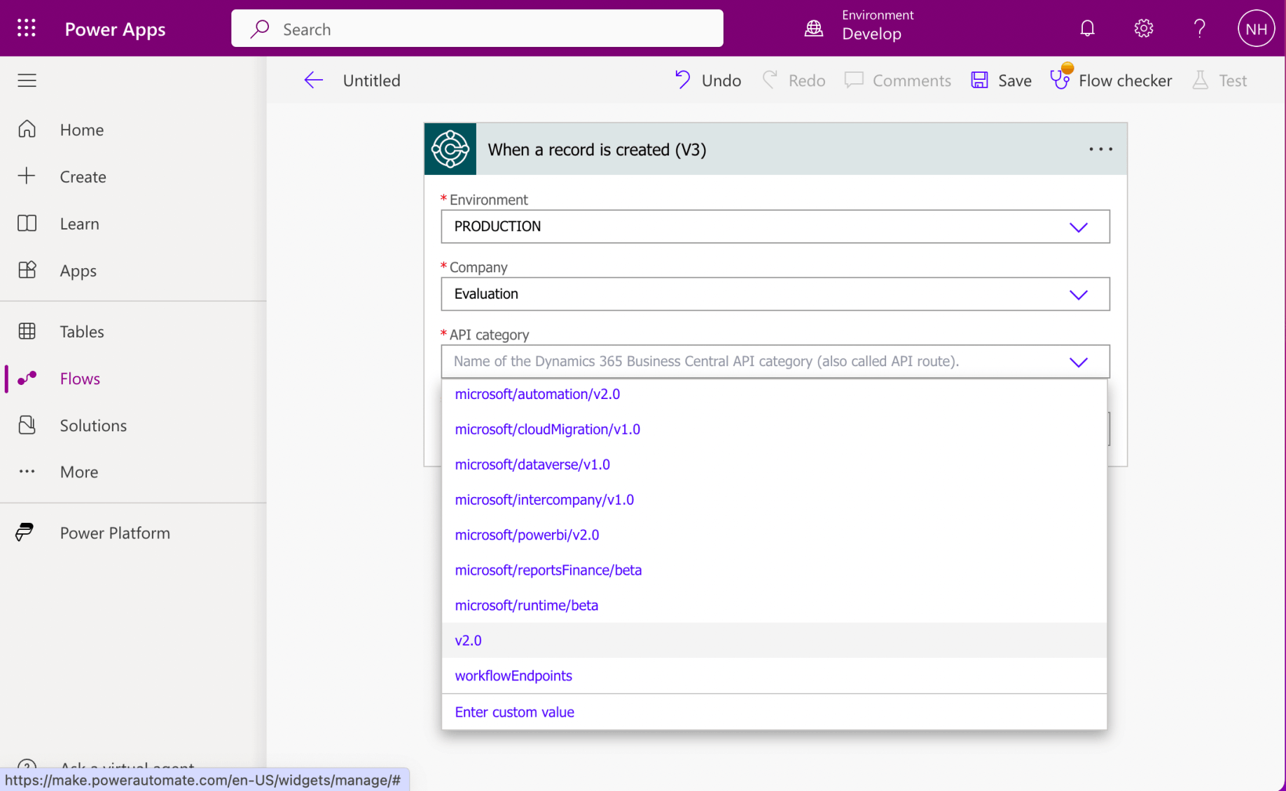 I selected API Category "v2.0"