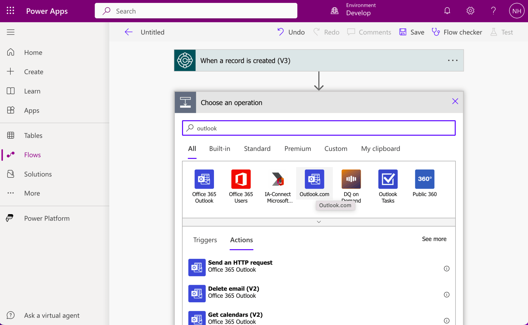 I entered outlook into the search box. I selected the Outlook.com logo