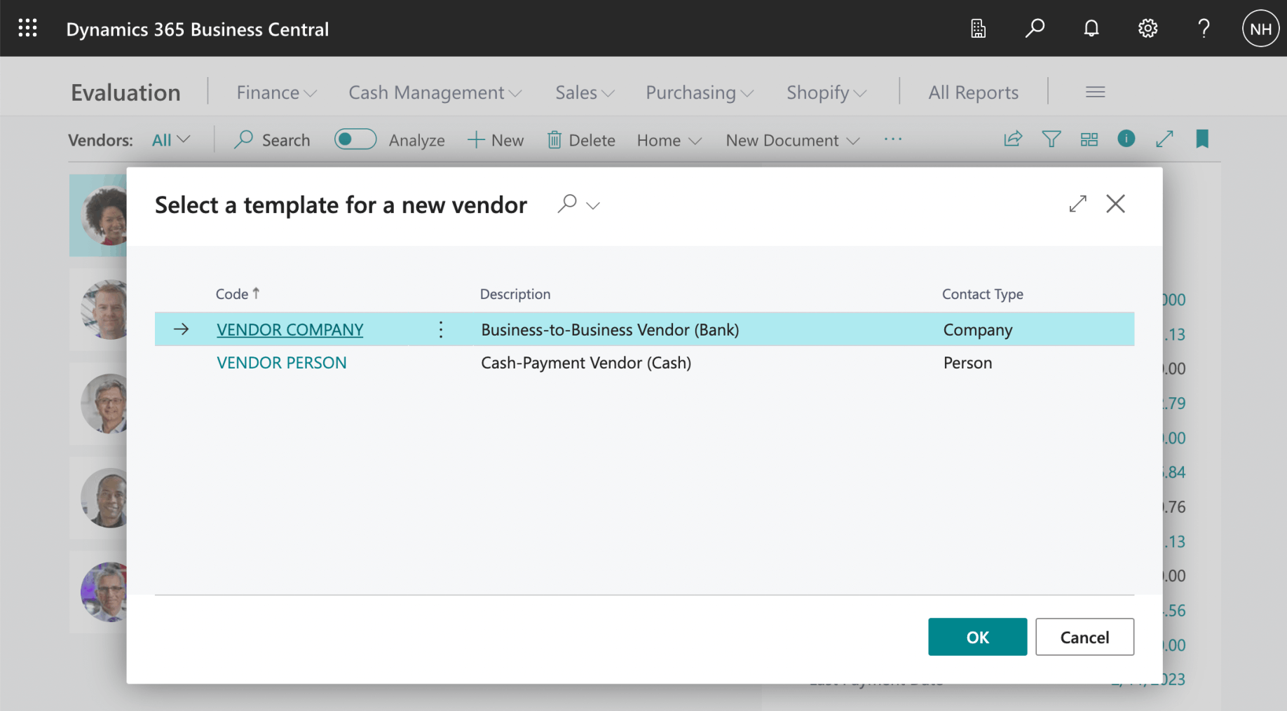 I selected the VENDOR COMPANY option and clicked OK