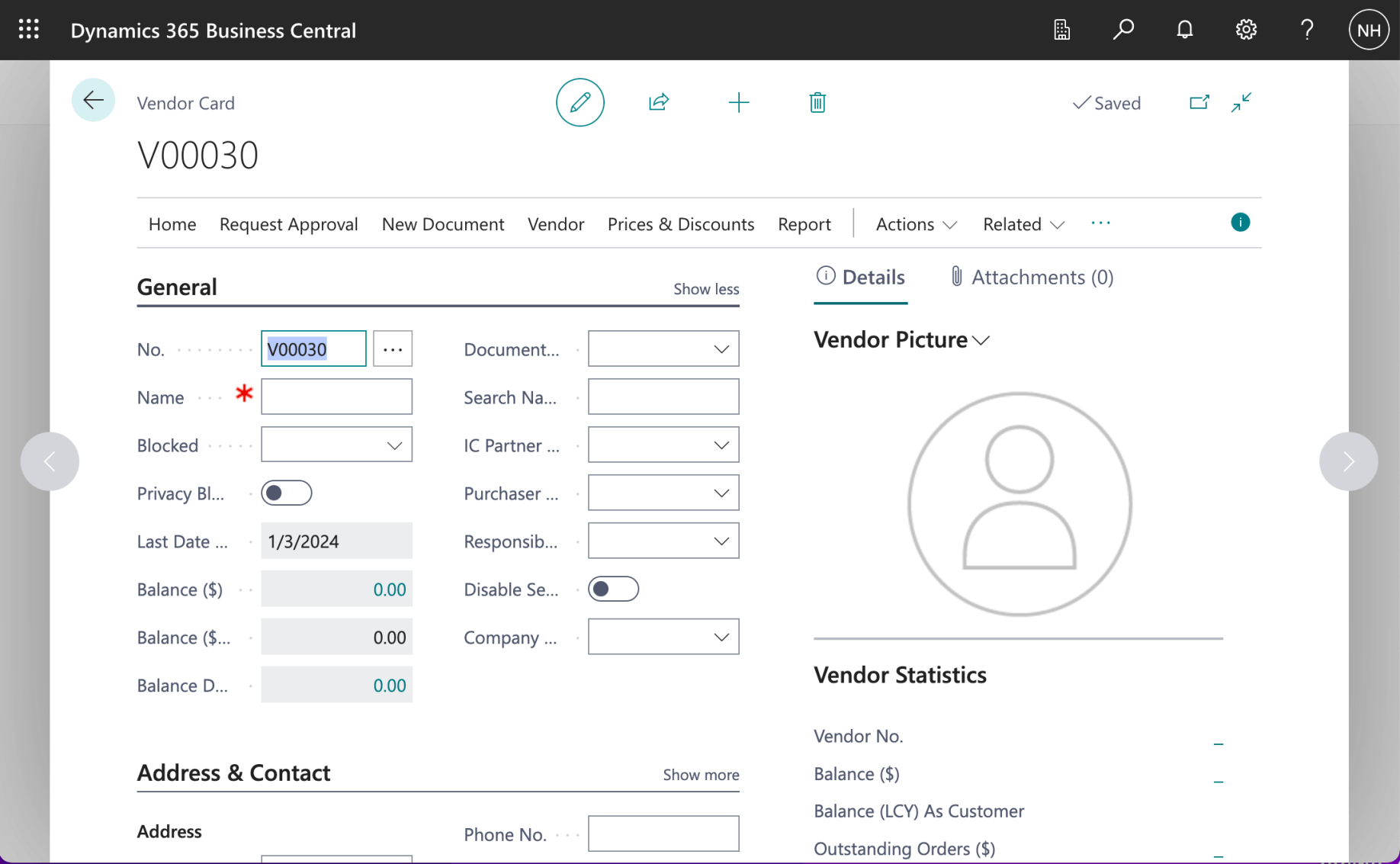 I reviewed the newly saved Vendor record