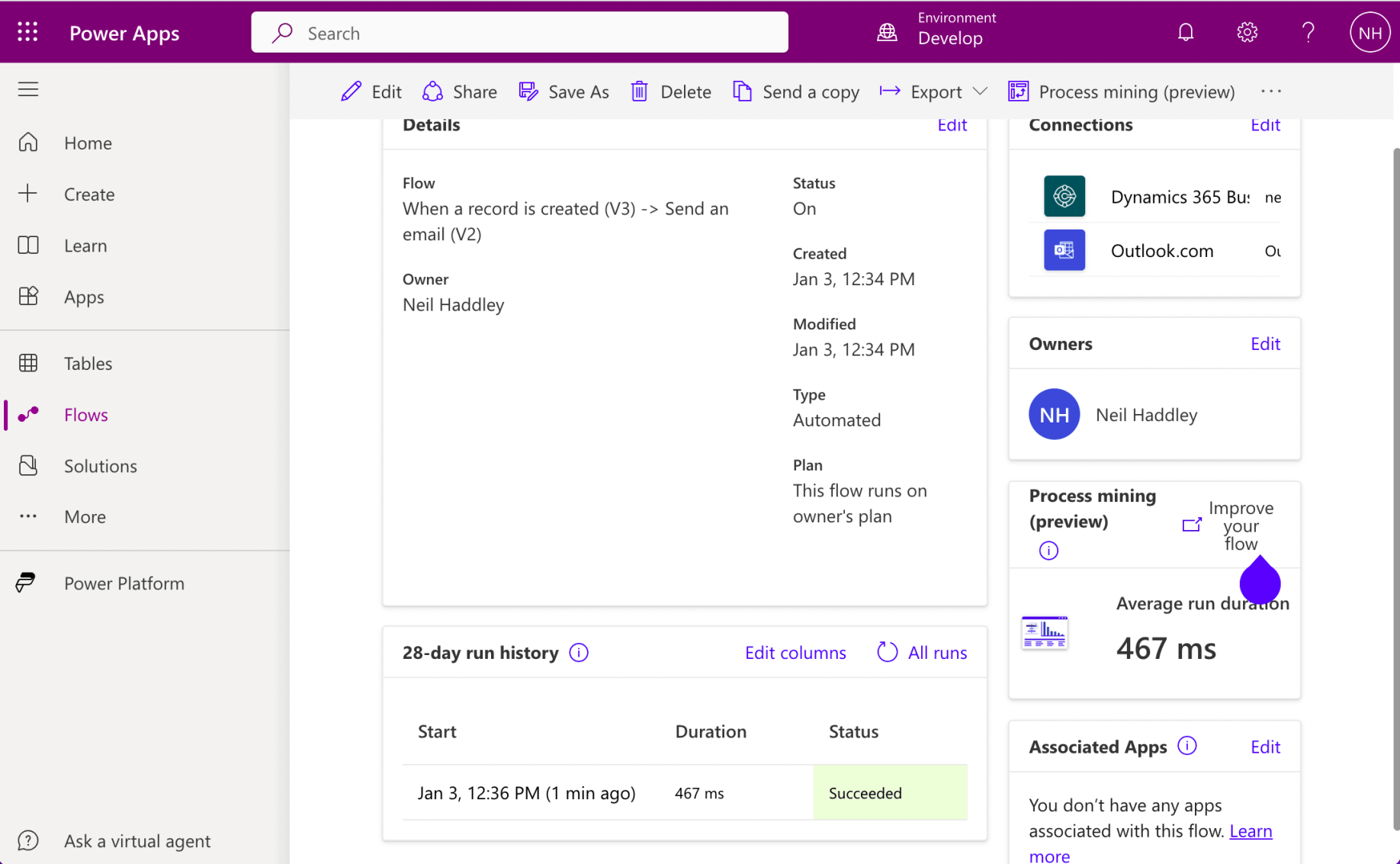 I reviewed the flow details and noticed that the 28-day run history was updated. I clicked on the history item