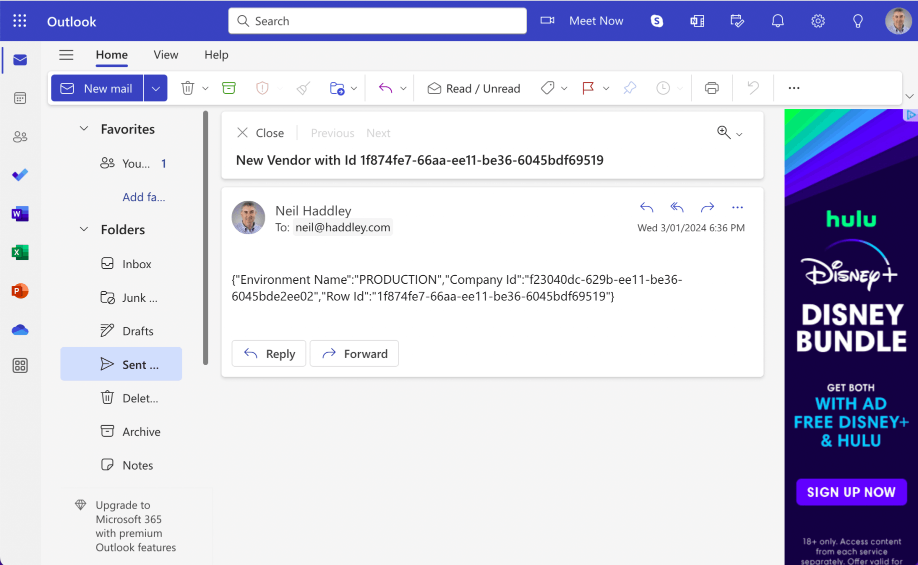 I navigated to Outlook.com and reviewed the sent email