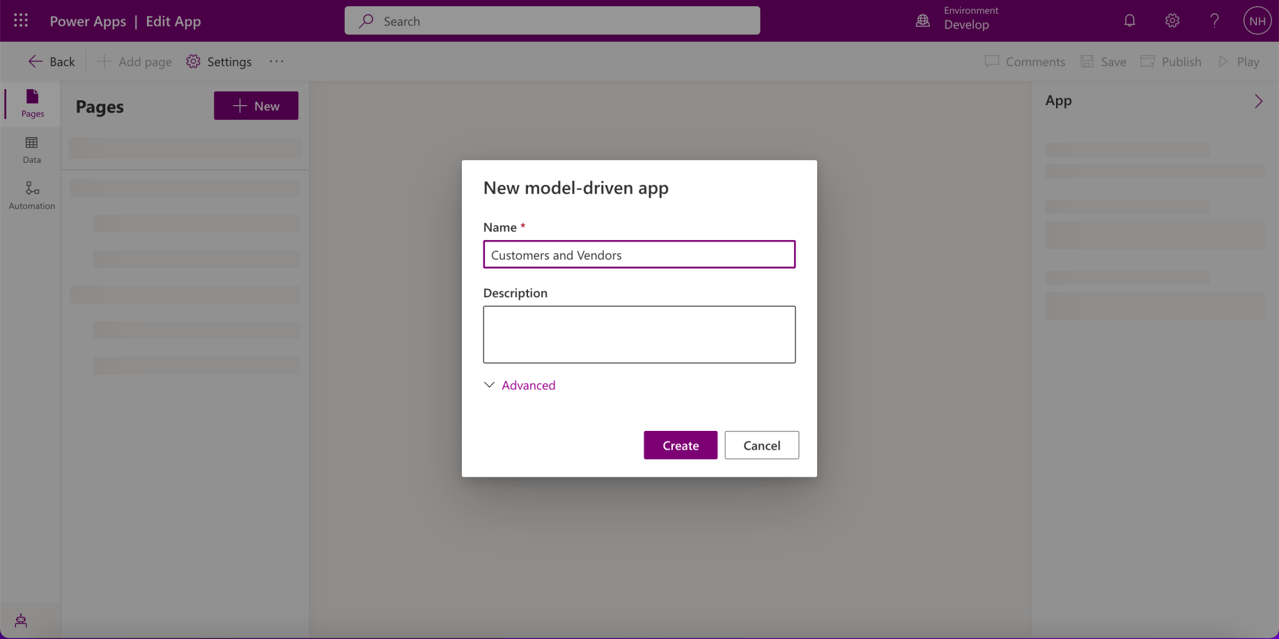 I named the model-driven app "Customers and Vendors"