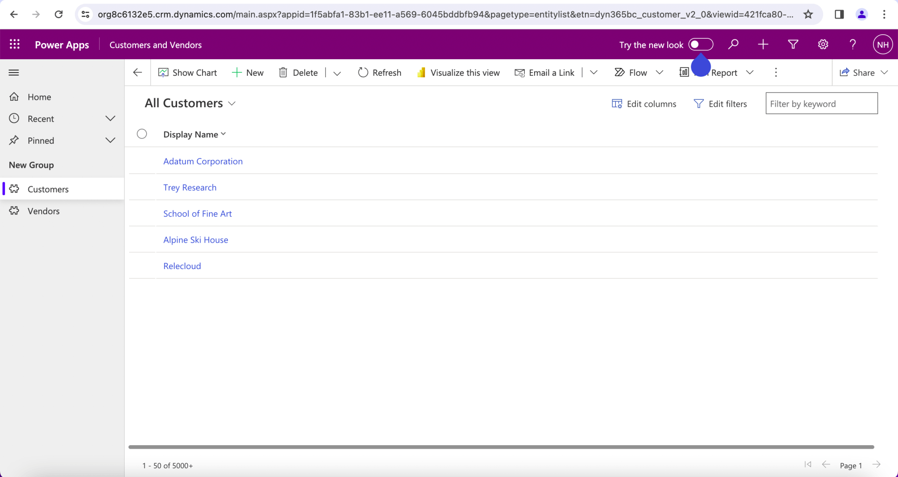 The model driven app allowed me to view the Business Central Customers