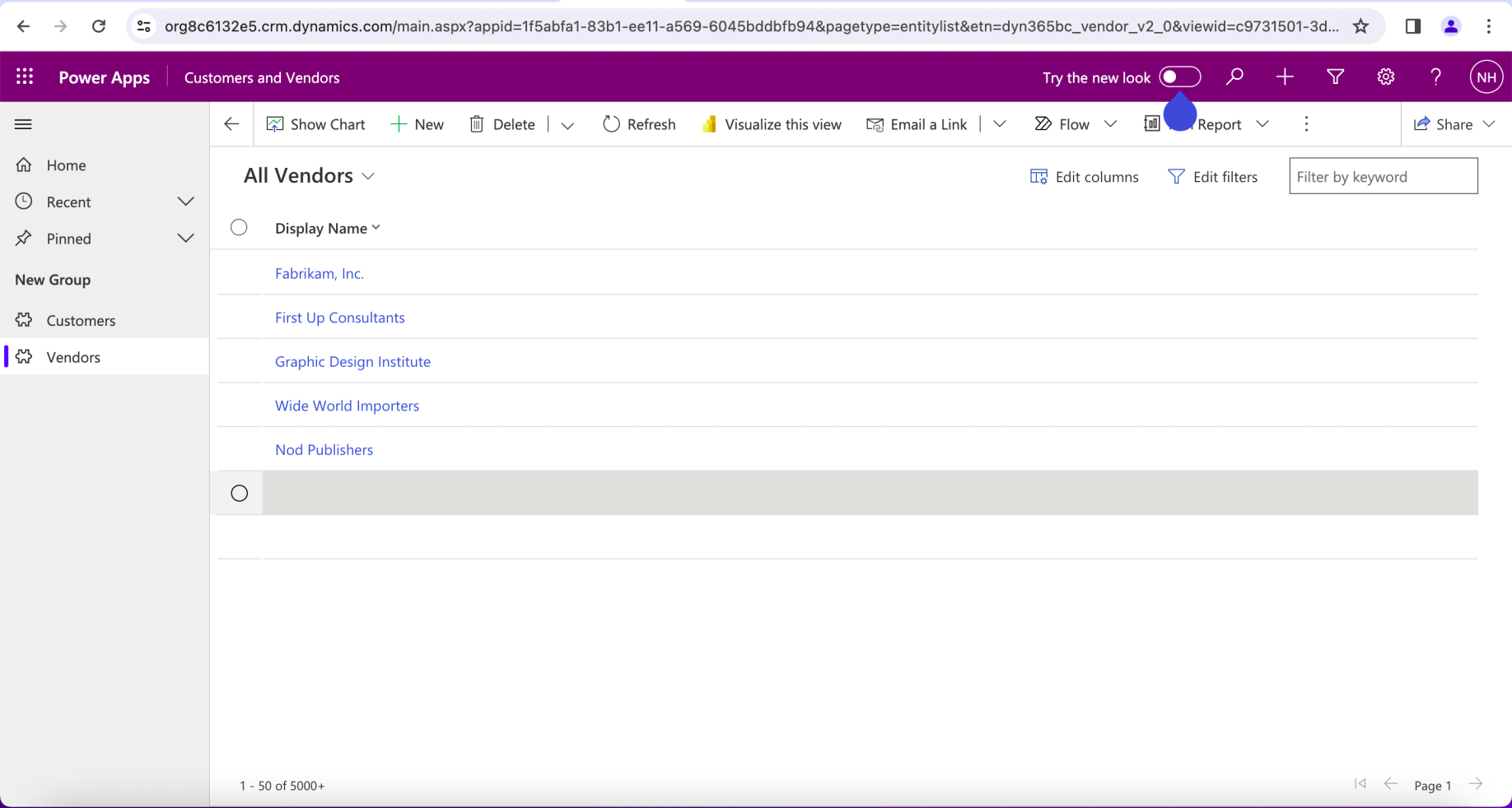 The model driven app allowed me to view the Business Central Vendors