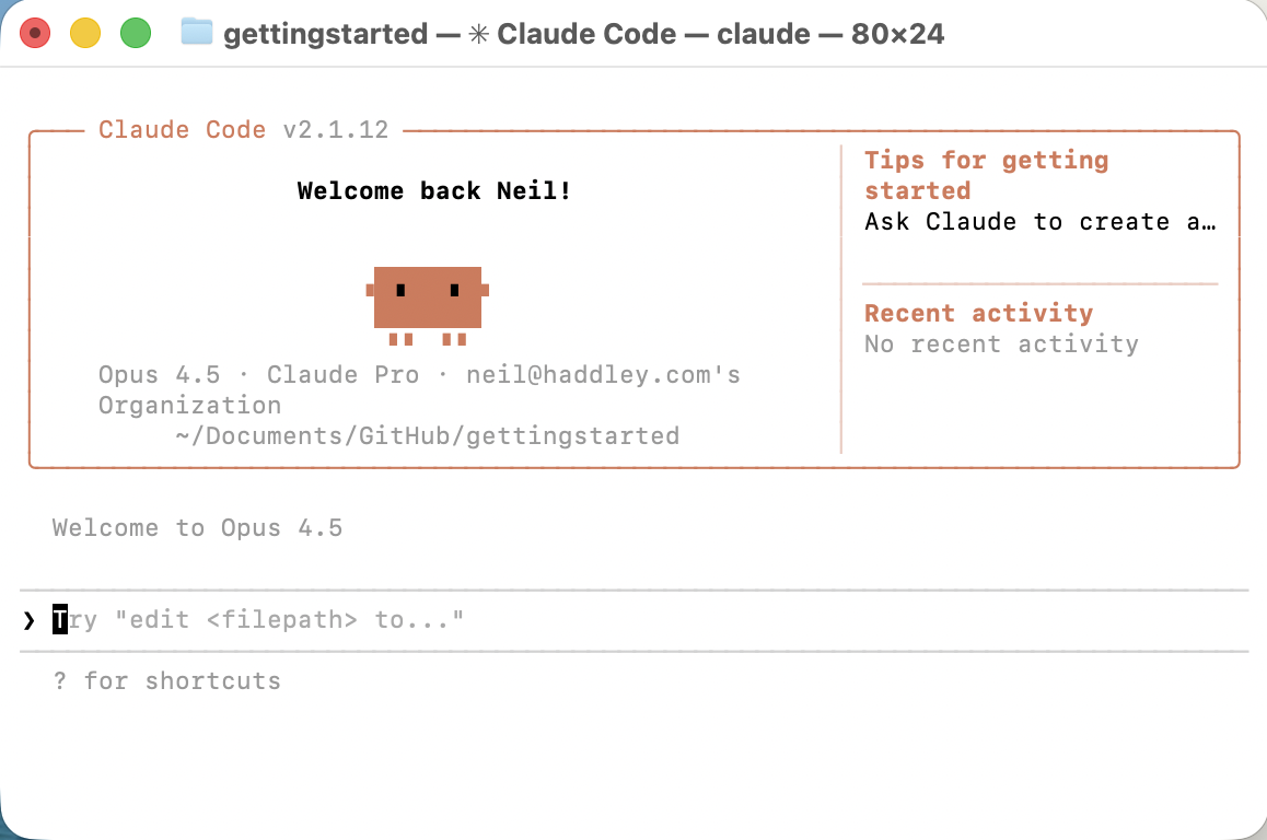 The Claude Code prompt, ready for input