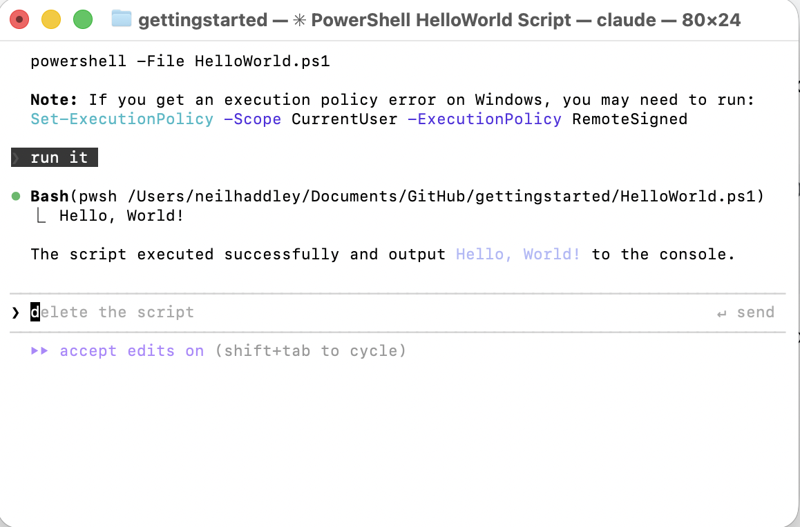 The script ran and output "Hello, World!" to the console