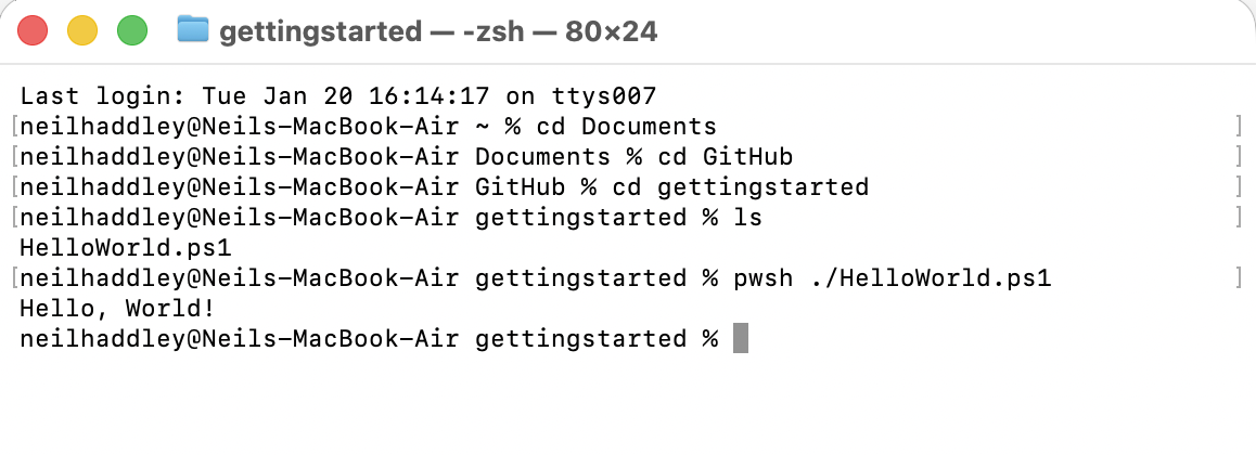 I ran pwsh ./HelloWorld.ps1 manually to verify the output