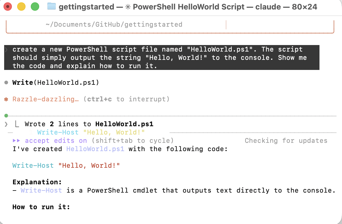 "I've created HelloWorld.ps1 with the following code"