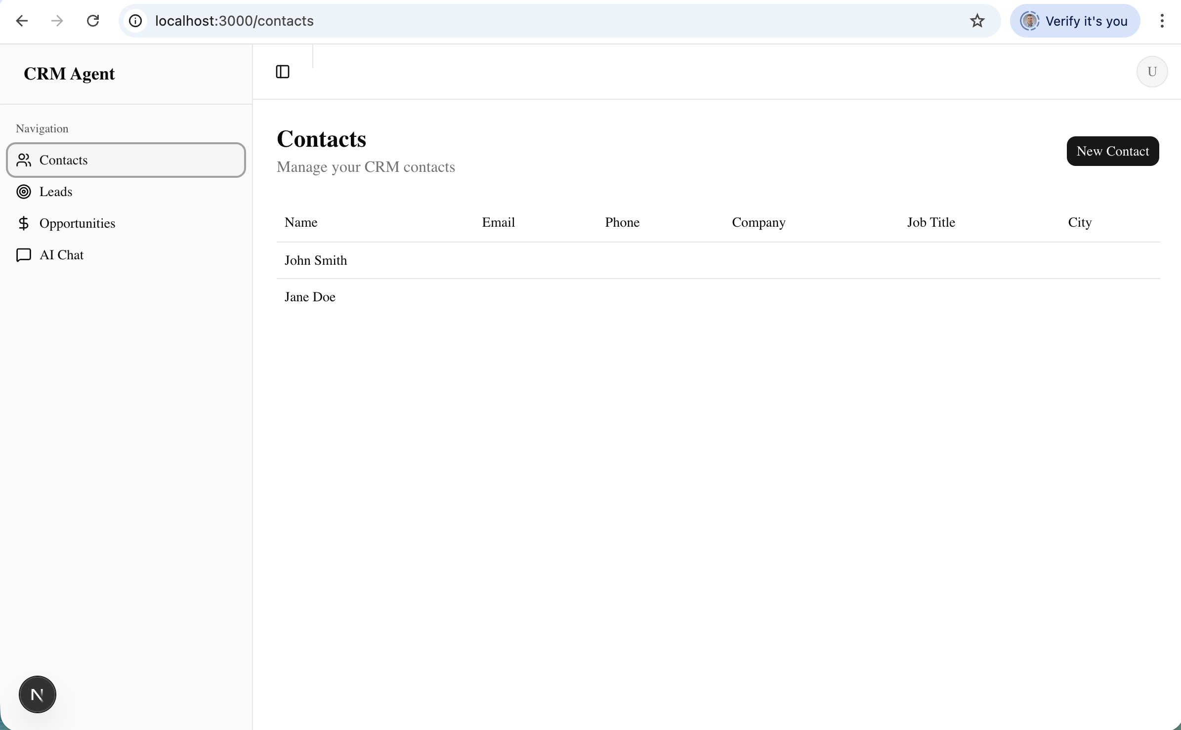 The CRM Agent app showing the Contacts page with both contacts synced from Dynamics