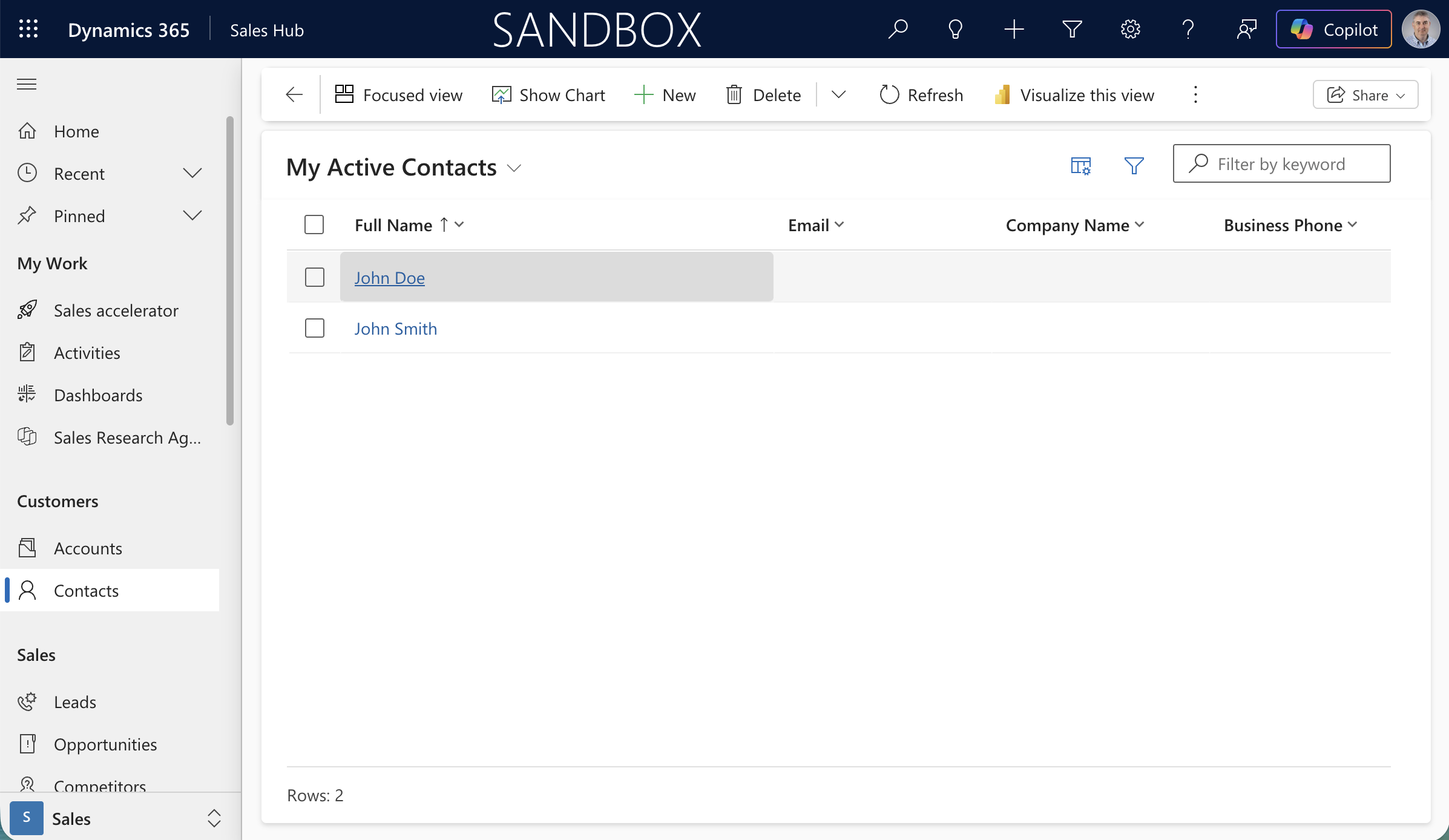 Back in Dynamics 365, the contact now shows as John Doe — the update was reflected in real time