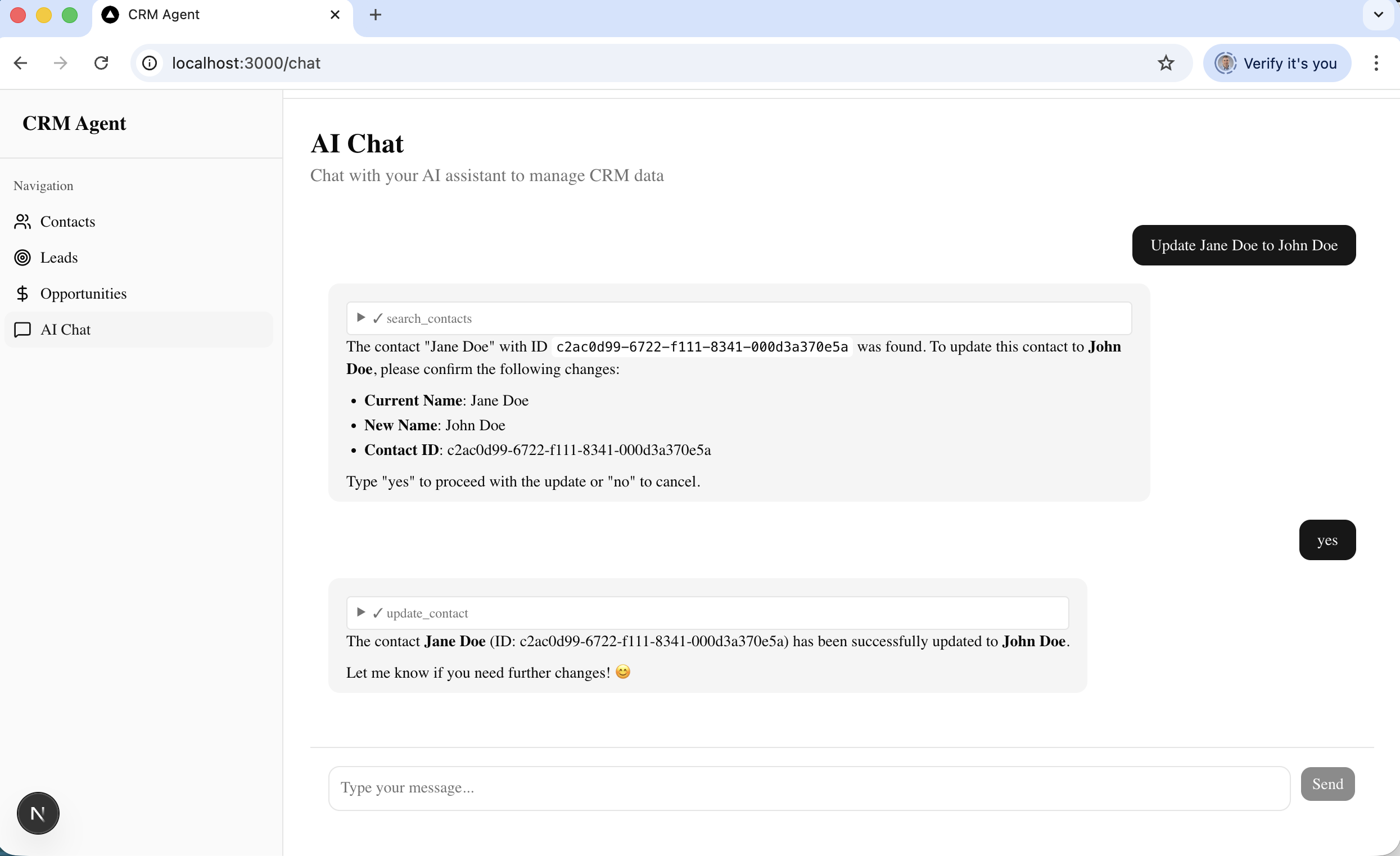 After I typed "yes", the agent called update_contact and confirmed the contact was successfully updated to John Doe