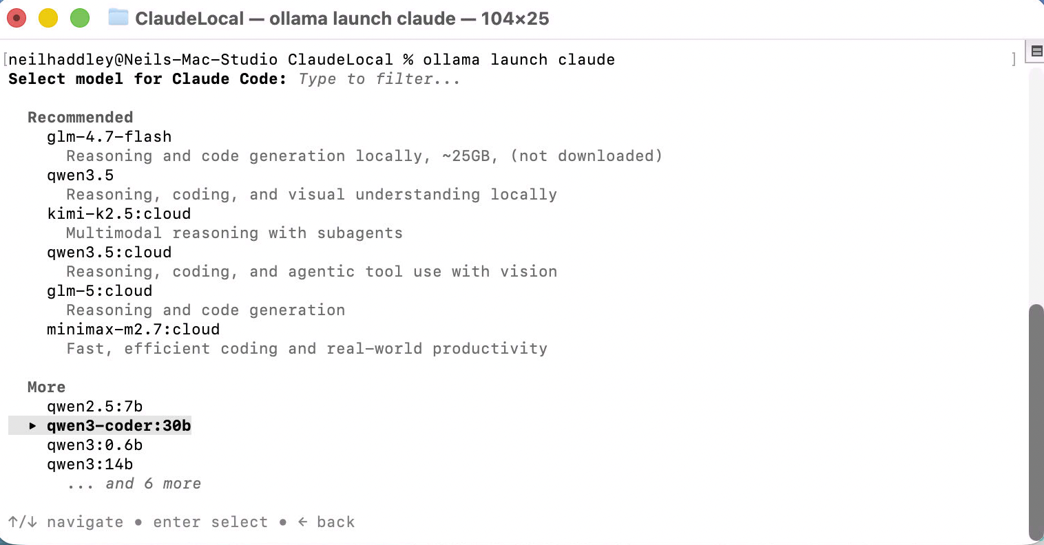 I selected qwen3-coder:30b from the list