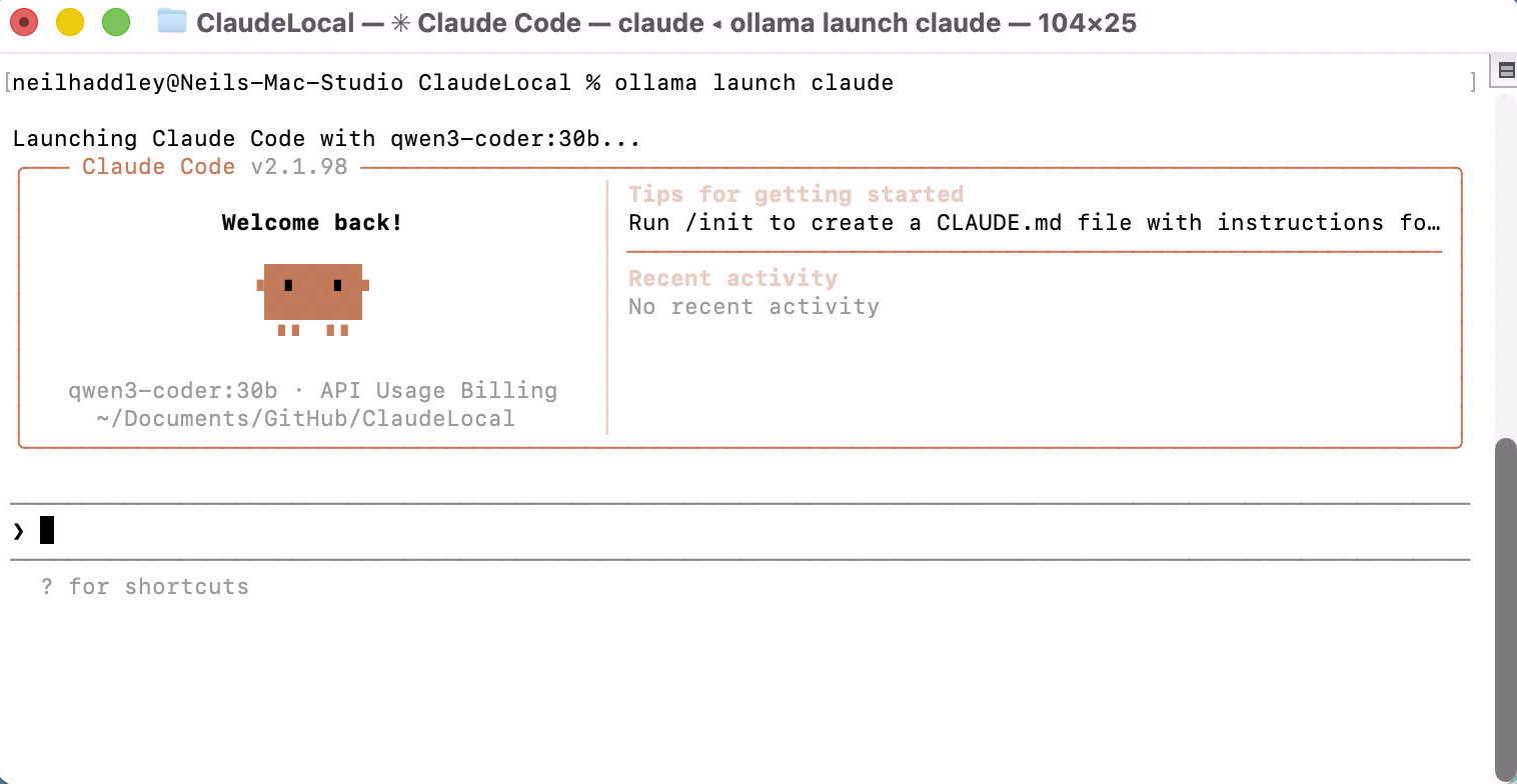 I saw Claude Code start up with qwen3-coder:30b as the backend