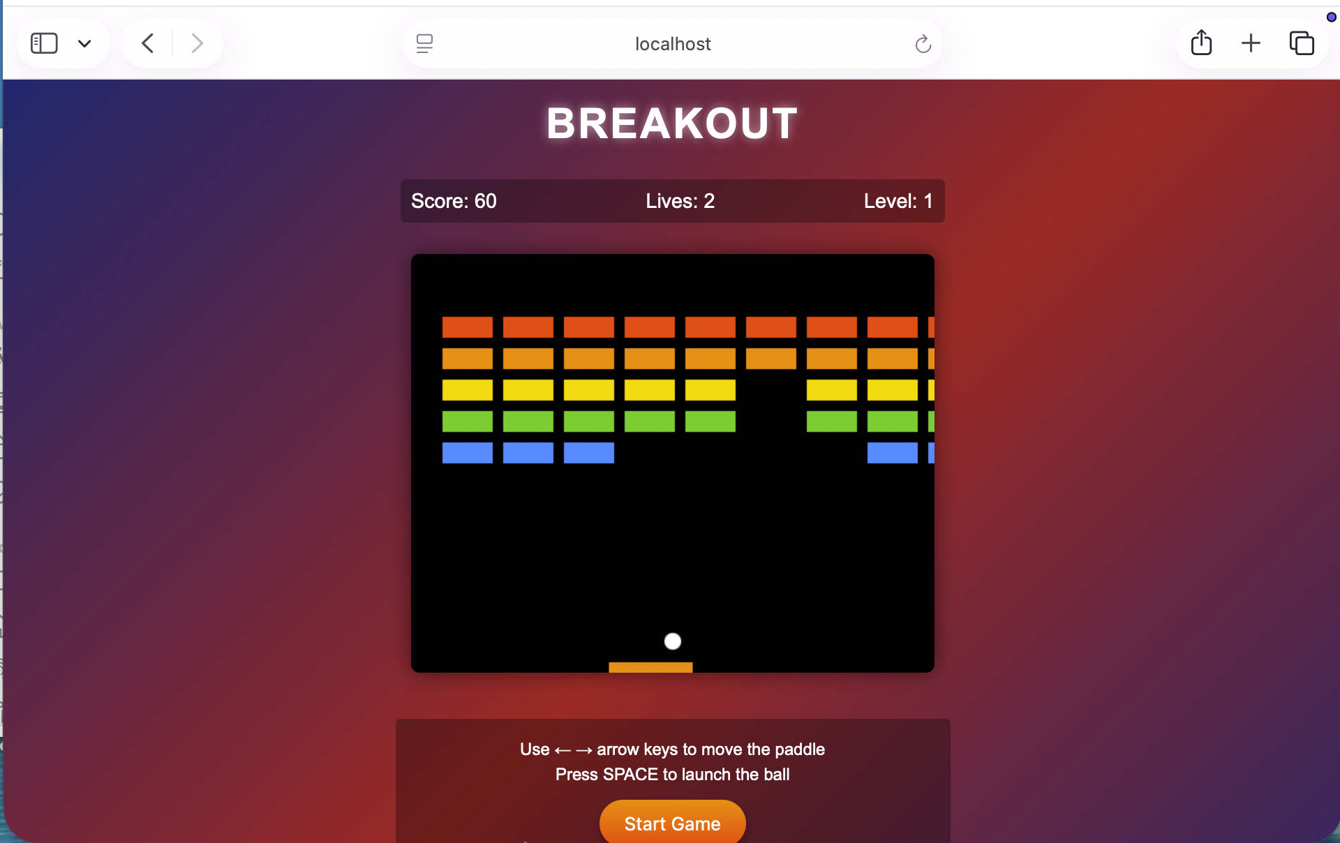 I played the game — score 60, bricks clearing nicely