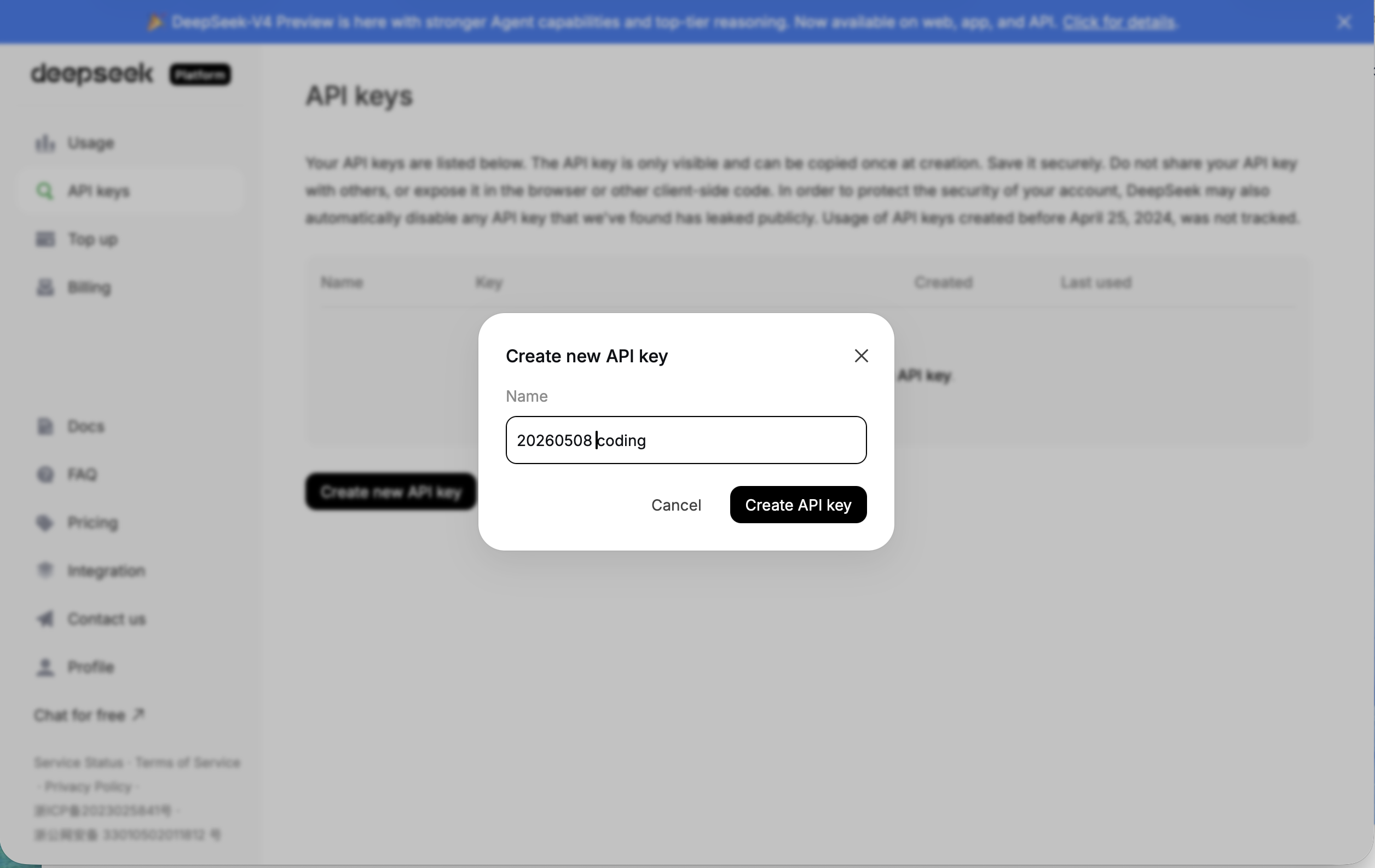 I clicked "Create new API key" and entered a name for the key
