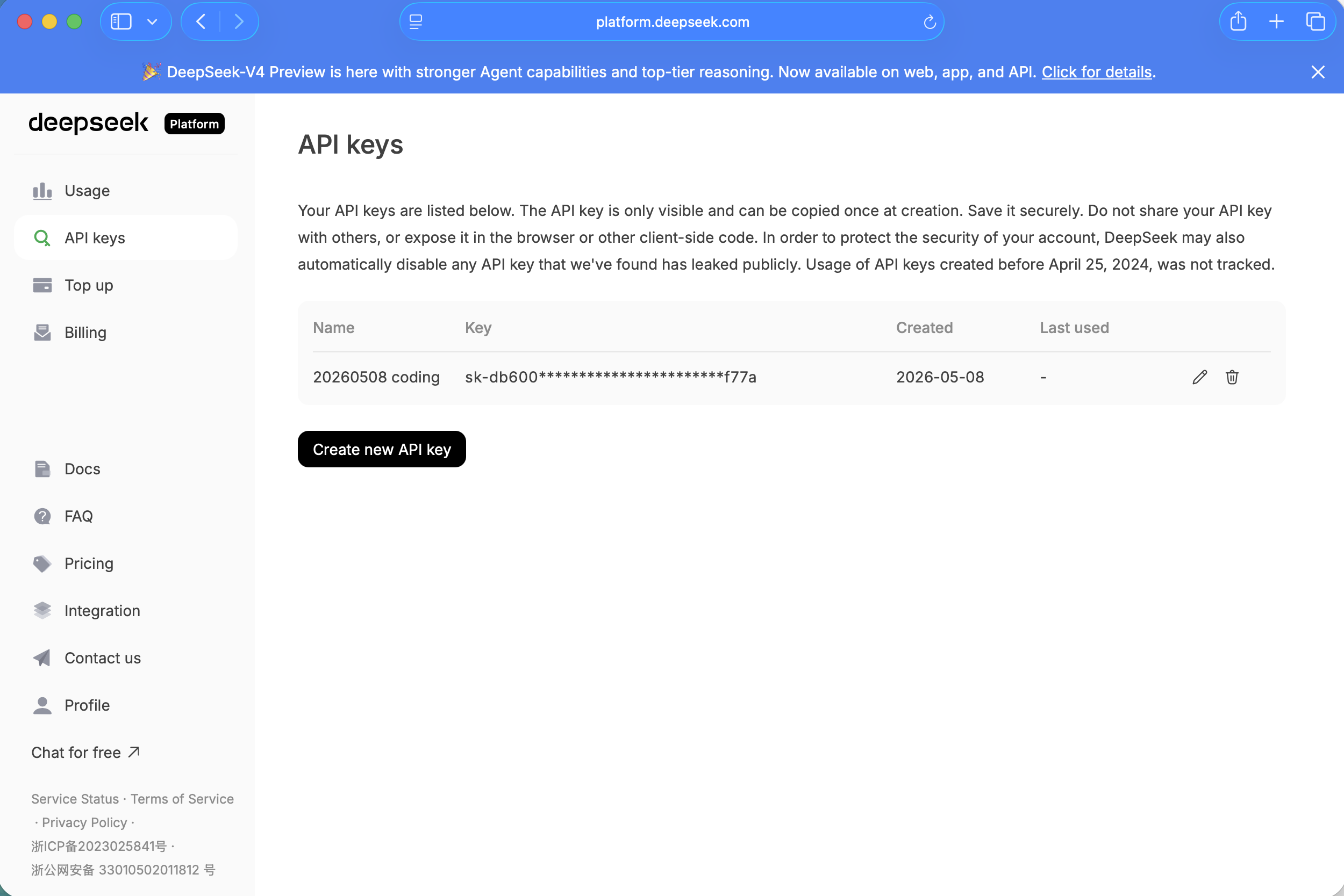 The new API key was created and listed on the page
