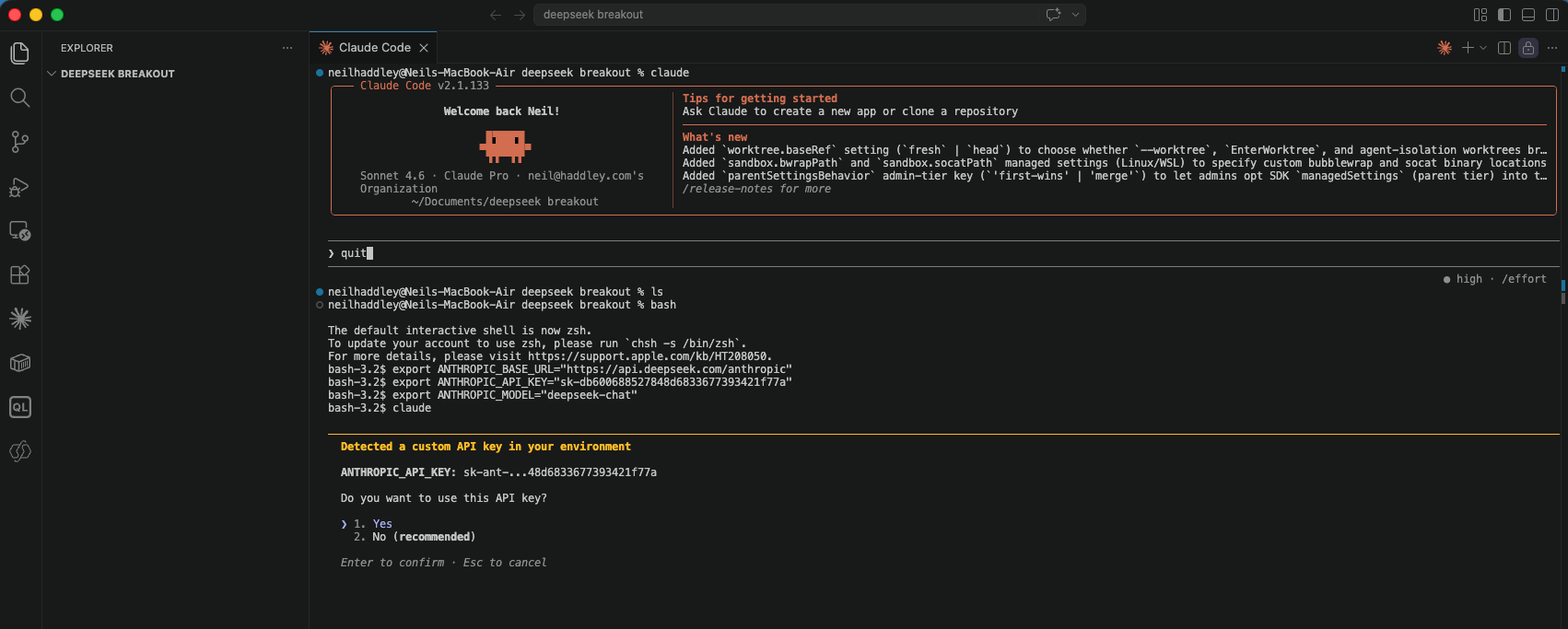 I exported the DeepSeek endpoint and API key as Anthropic environment variables, then ran Claude Code — it detected the custom API key and asked whether to use it