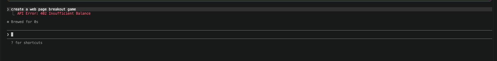 I asked Claude Code to create a breakout game but got an API Error 402 — Insufficient Balance on the DeepSeek account