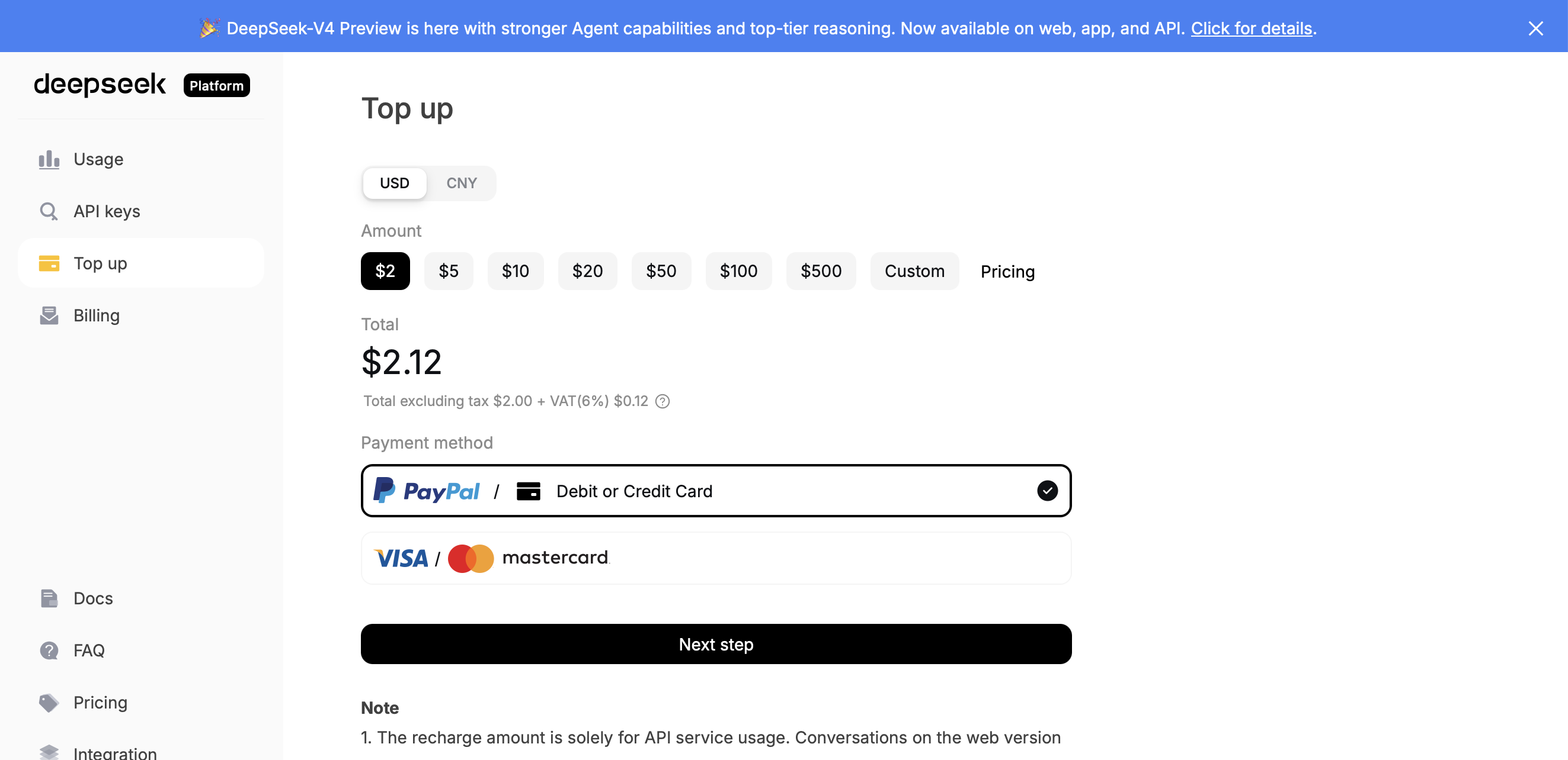 I went to the DeepSeek Top Up page and selected $2 to add credit