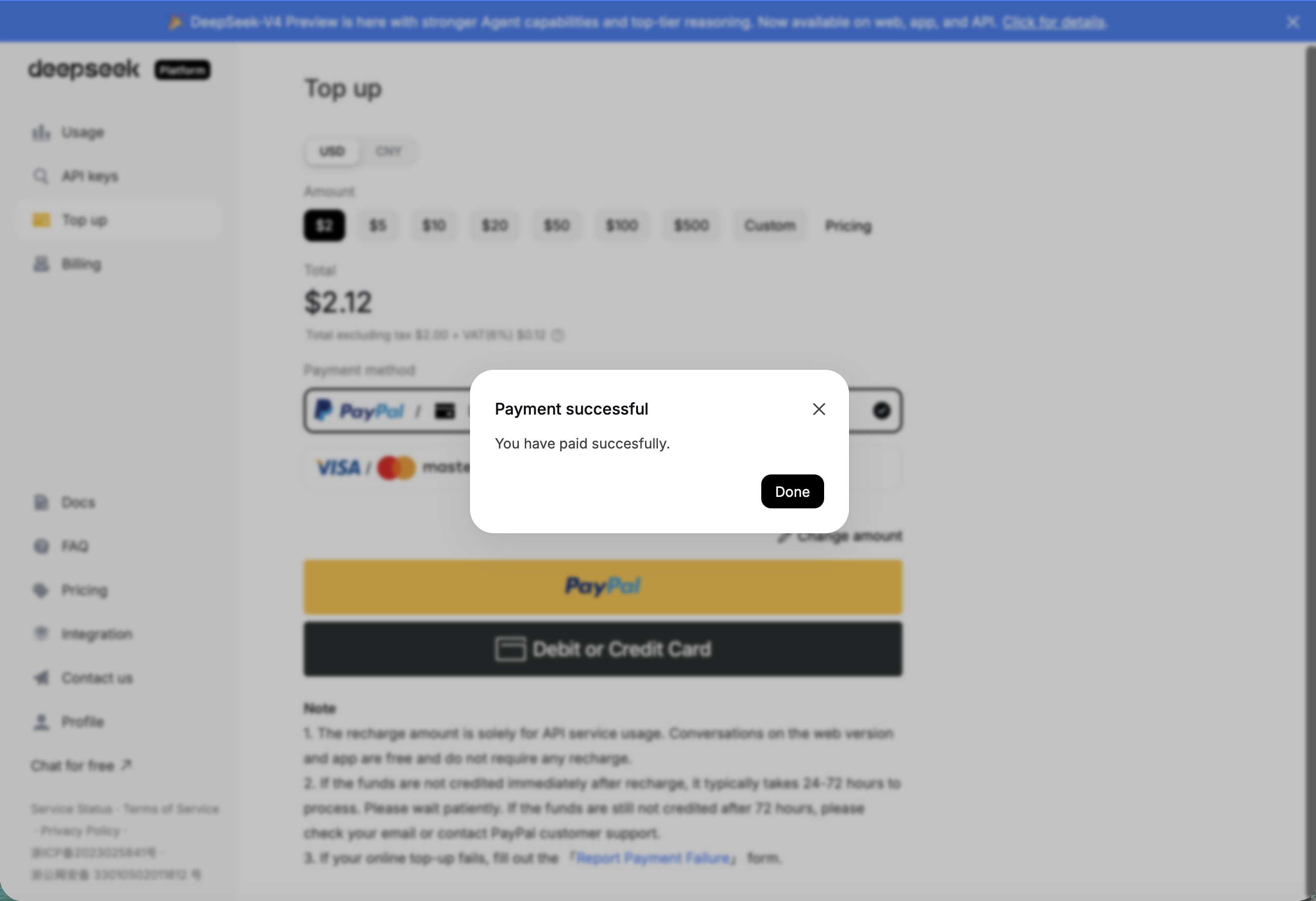 The payment went through successfully