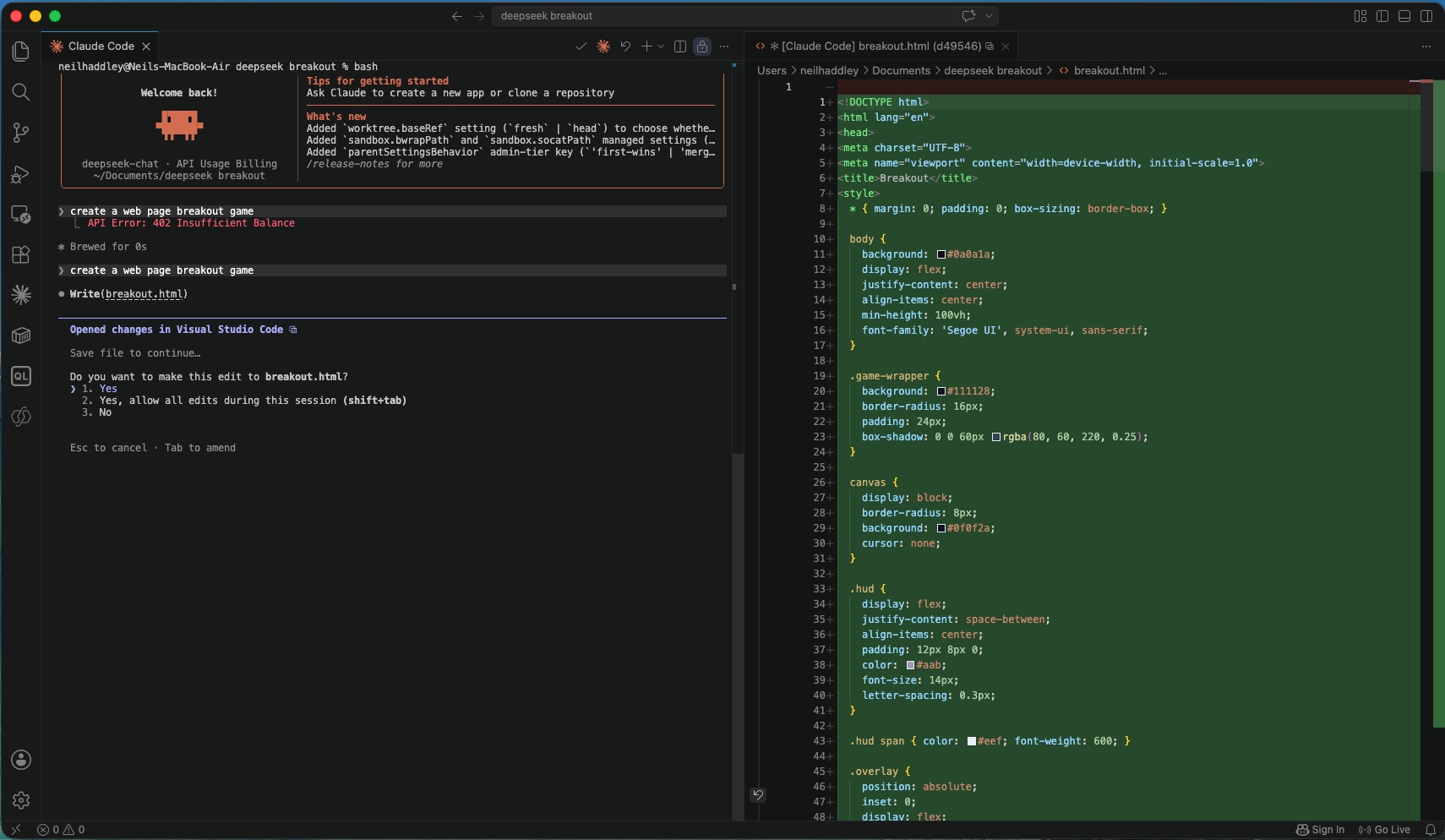 After topping up, I reran the prompt — Claude Code generated the breakout game HTML and CSS